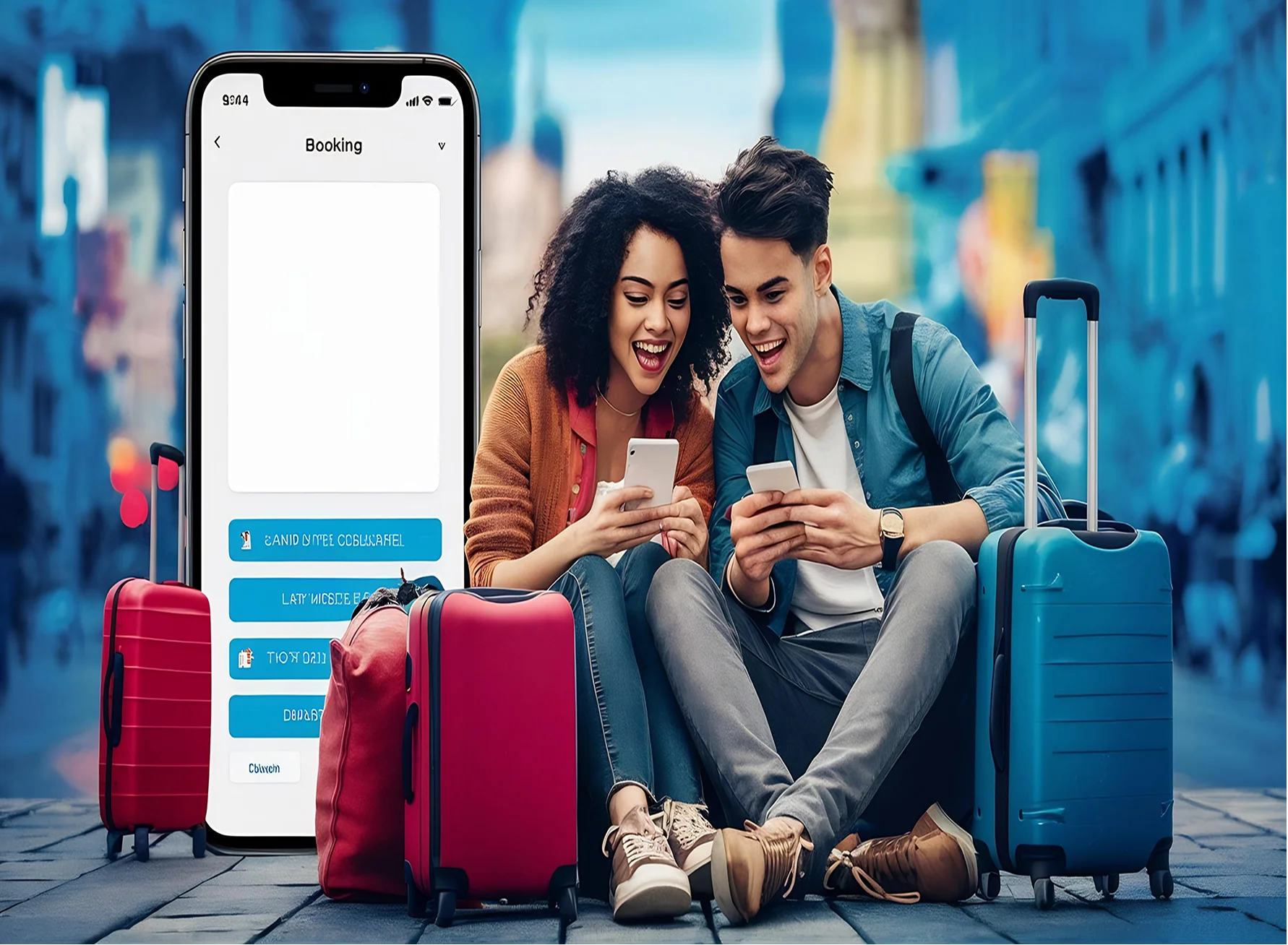 Happy travelers with suitcases