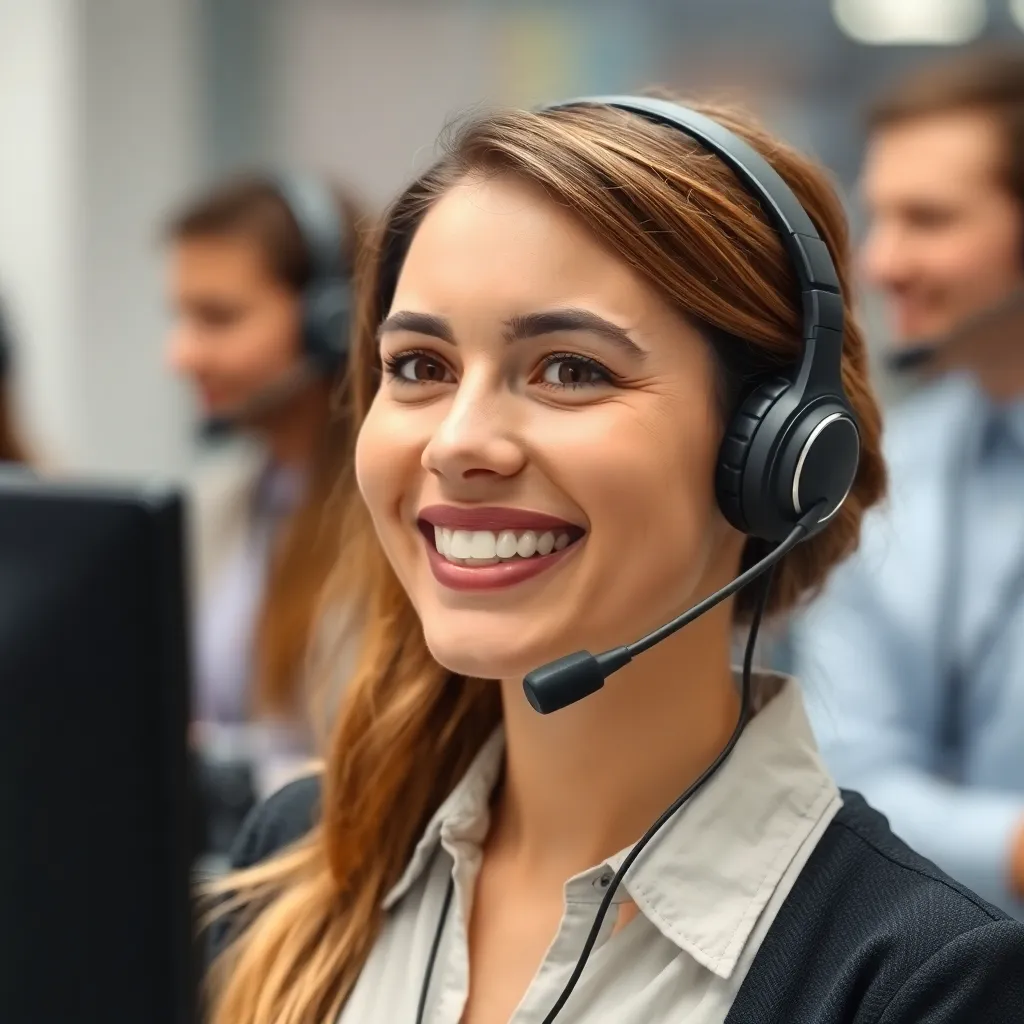 Smiling woman with headset, customer support representative